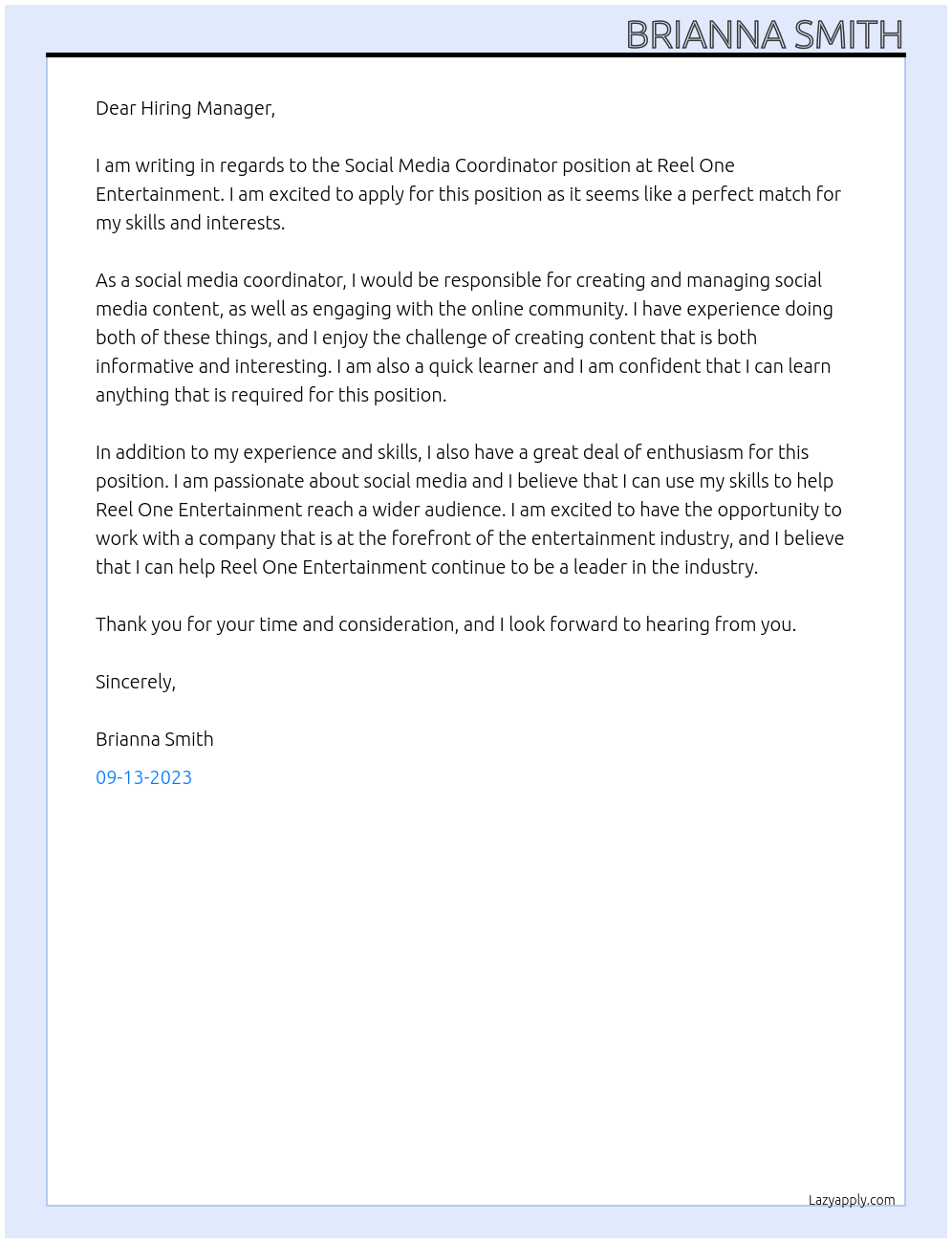 Social Media Coordinator At Reel One Entertainment Cover Letter