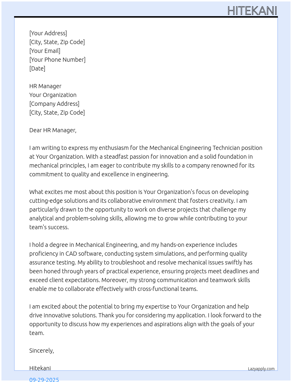Mechanical Engineering Technician At Your Organization Cover Letter