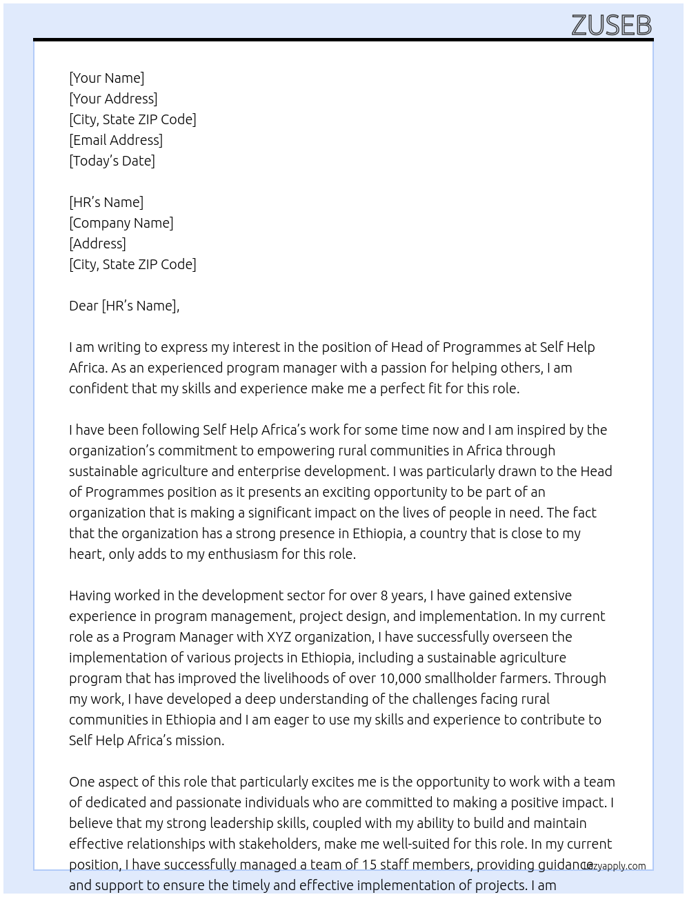 Head of Programmes At Self Help Africa Cover Letter