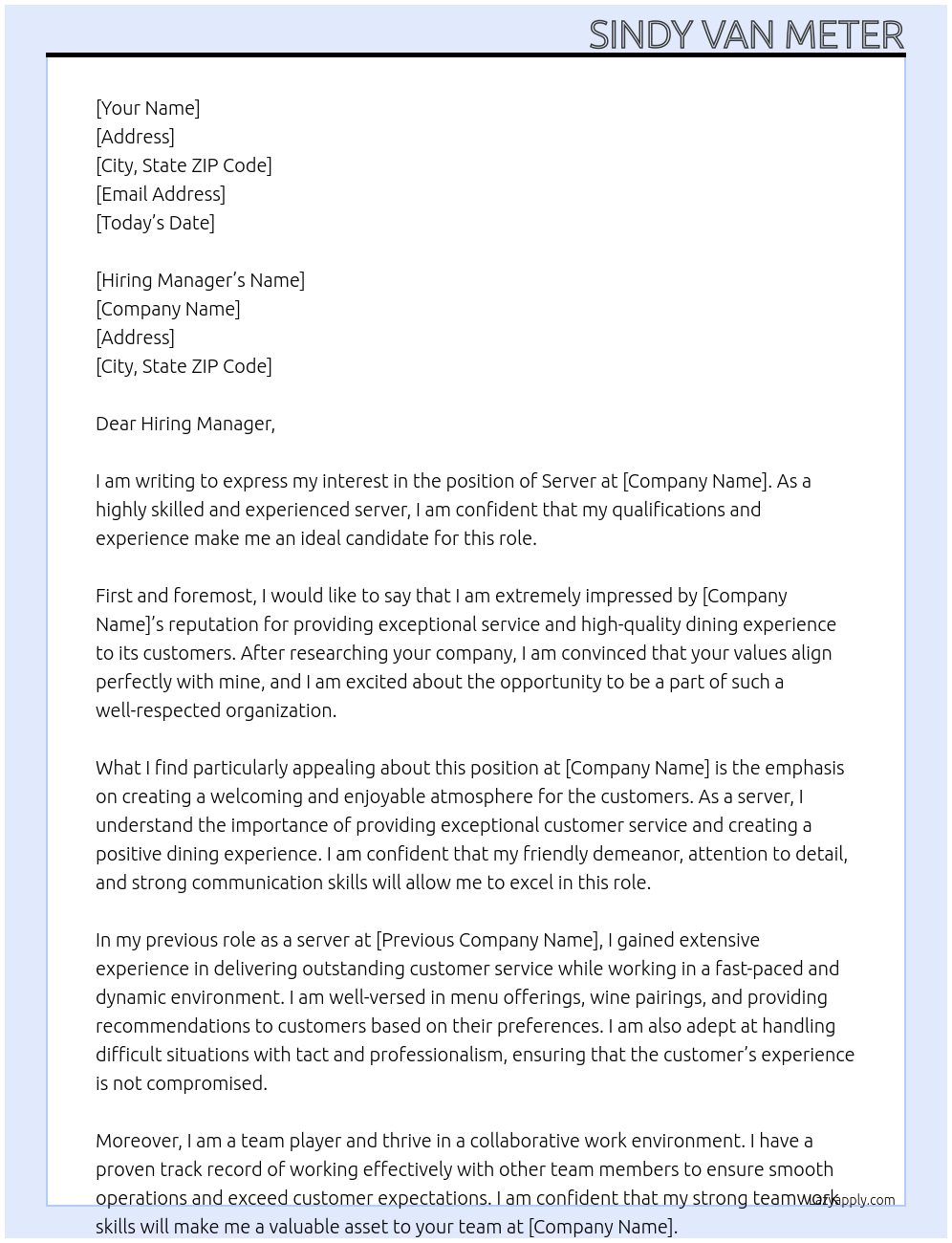 Server At company Cover Letter