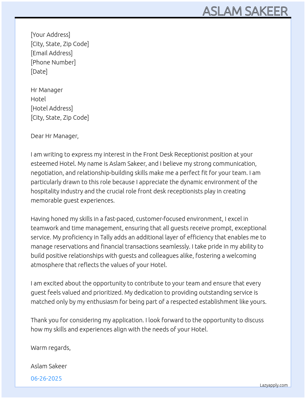 Front Desk Receptionist  At Hotel Cover Letter
