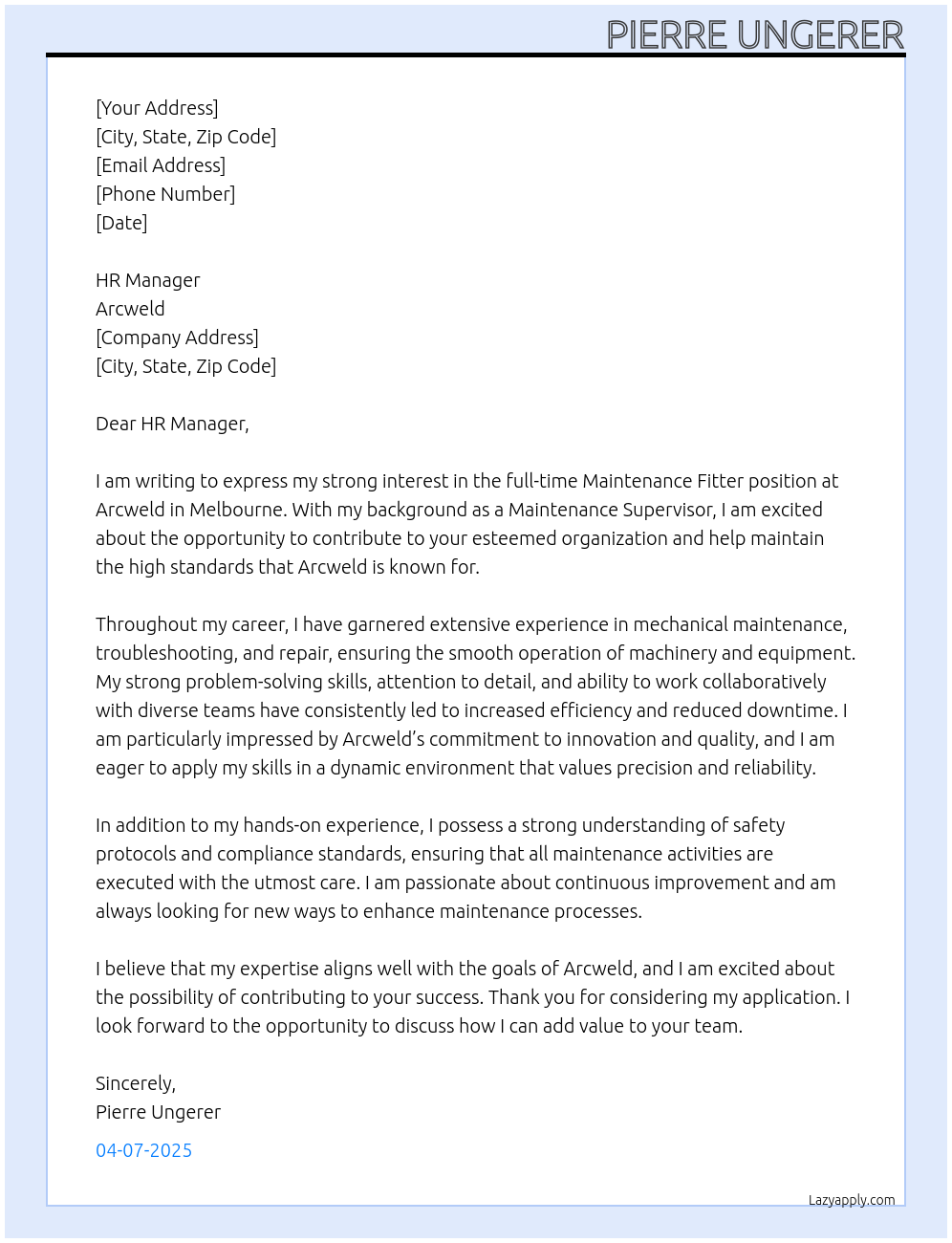 Maintenance Fitter At Arcweld Cover Letter