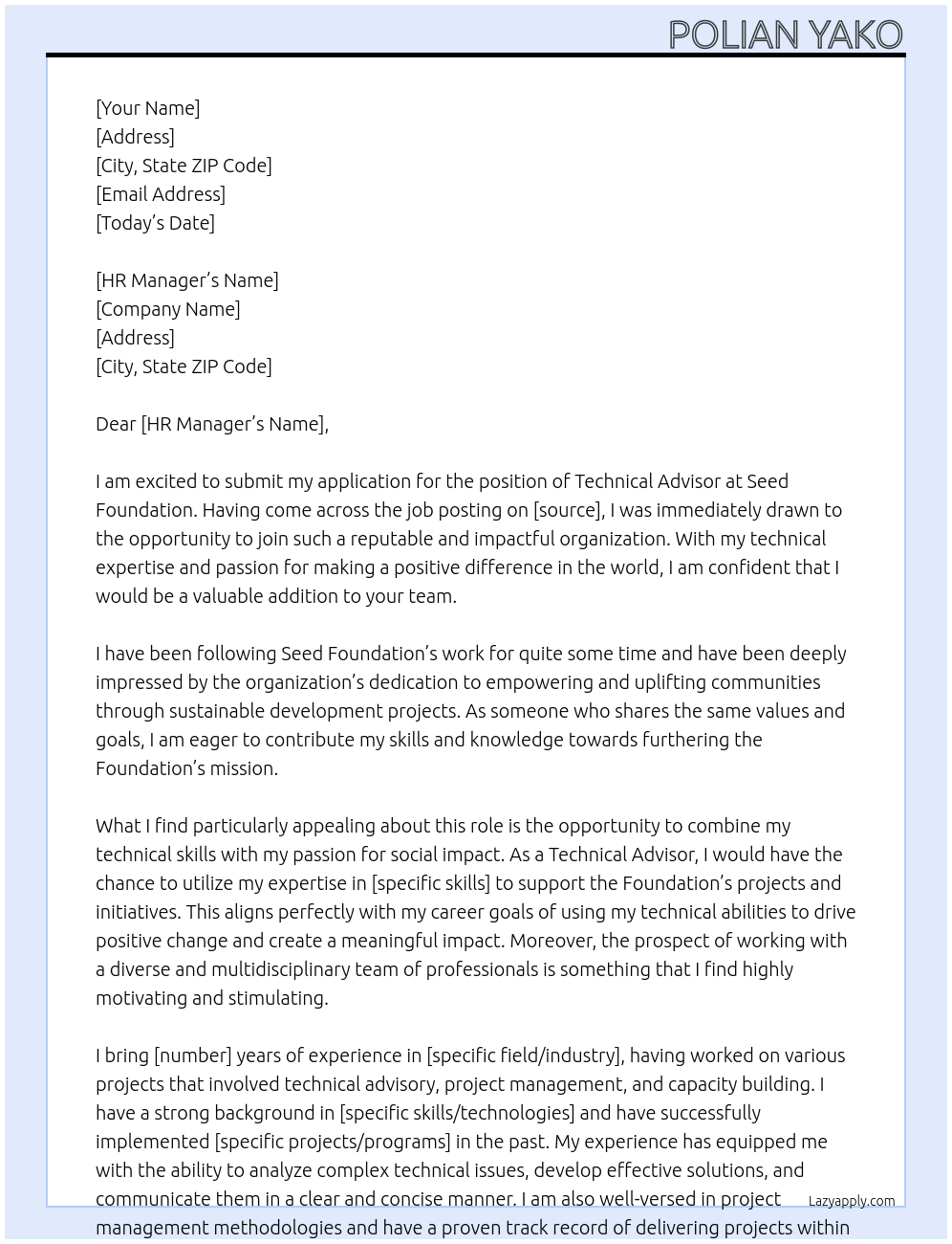 Technical Advisor At Seed  foundation  Cover Letter