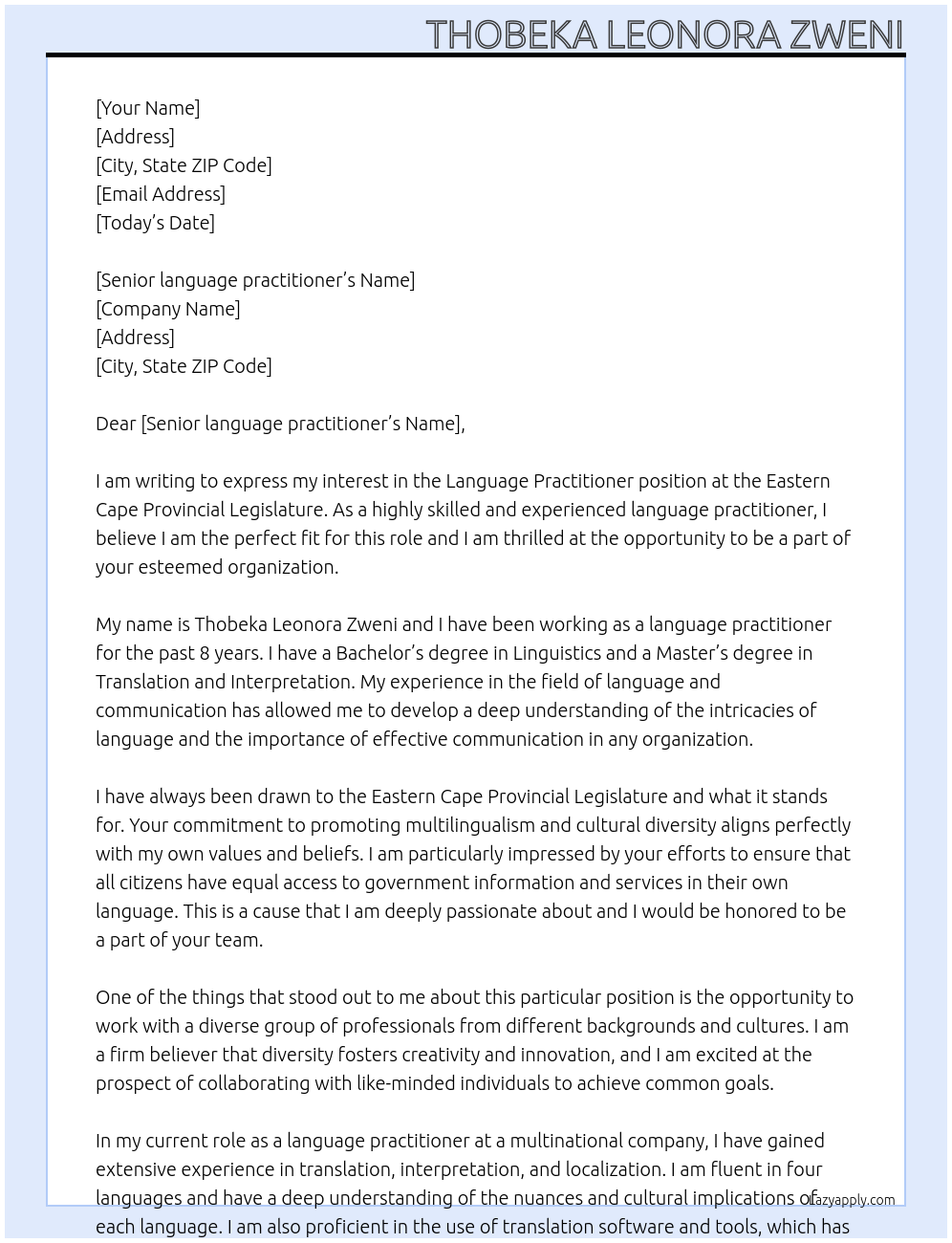 Cover letter for language practitioner - LazyApply