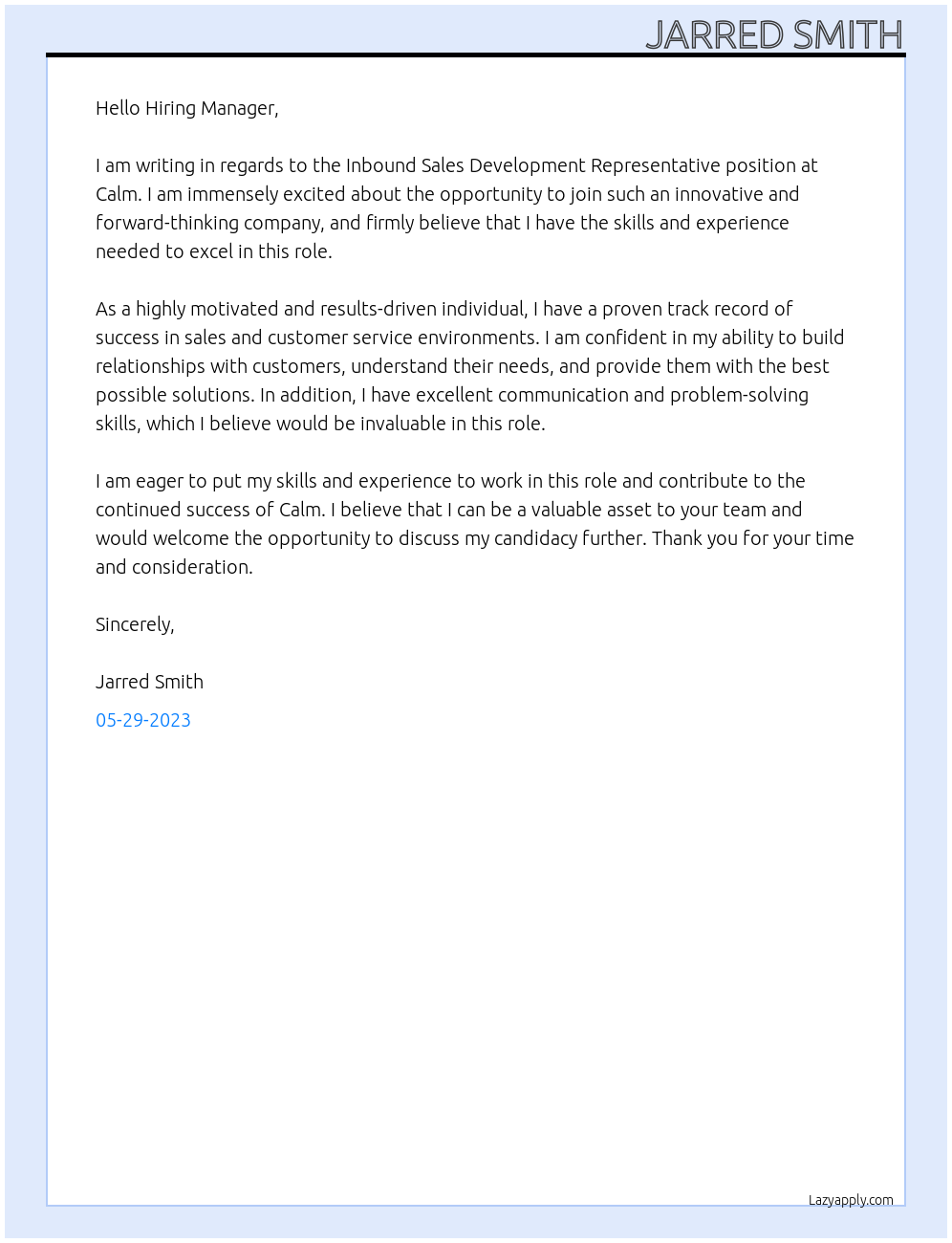 Inbound Sales Development Representative At Calm Cover Letter
