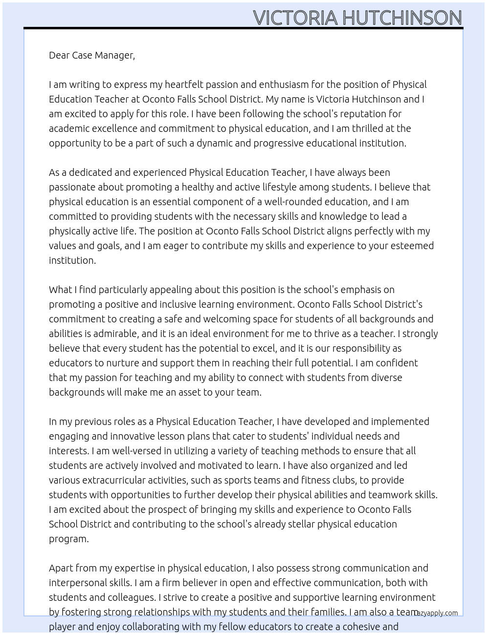 Physical Education Teacher At Oconto Falls School Distict Cover Letter