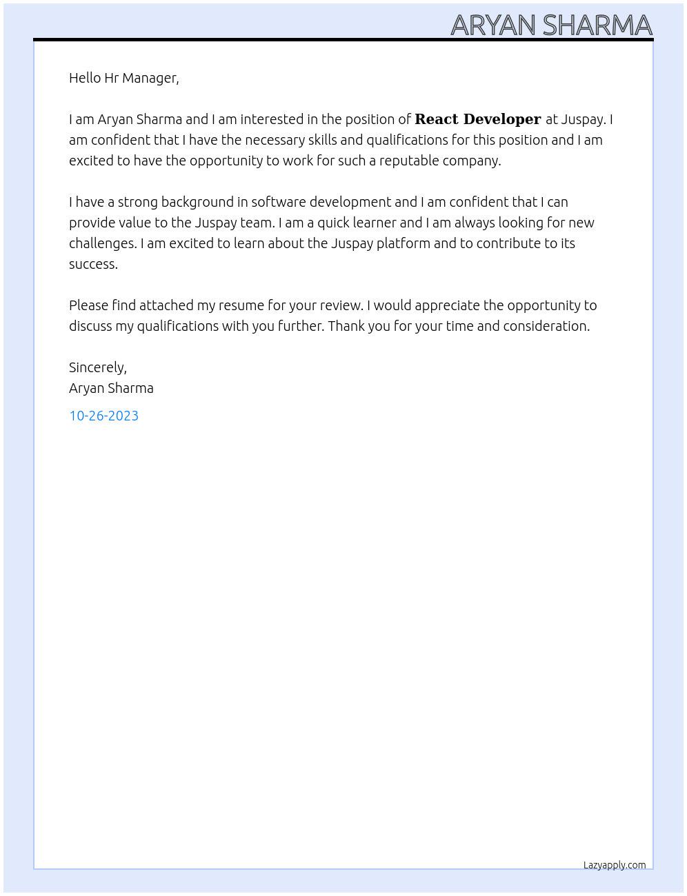 𝐑𝐞𝐚𝐜𝐭 𝐃𝐞𝐯𝐞𝐥𝐨𝐩𝐞𝐫 At Juspay Cover Letter