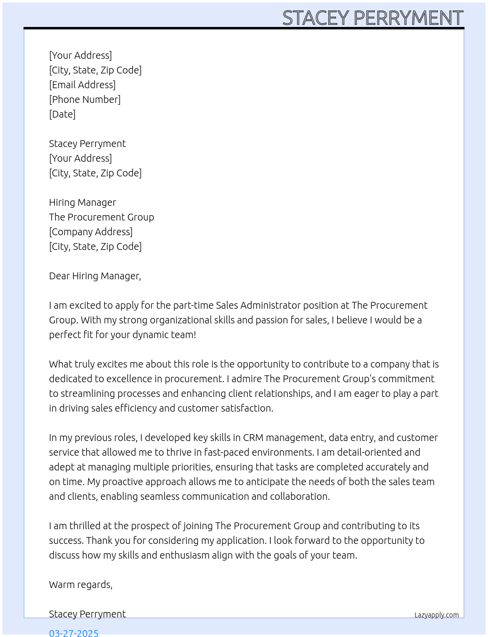 Sales administrator At The procurement group Cover Letter