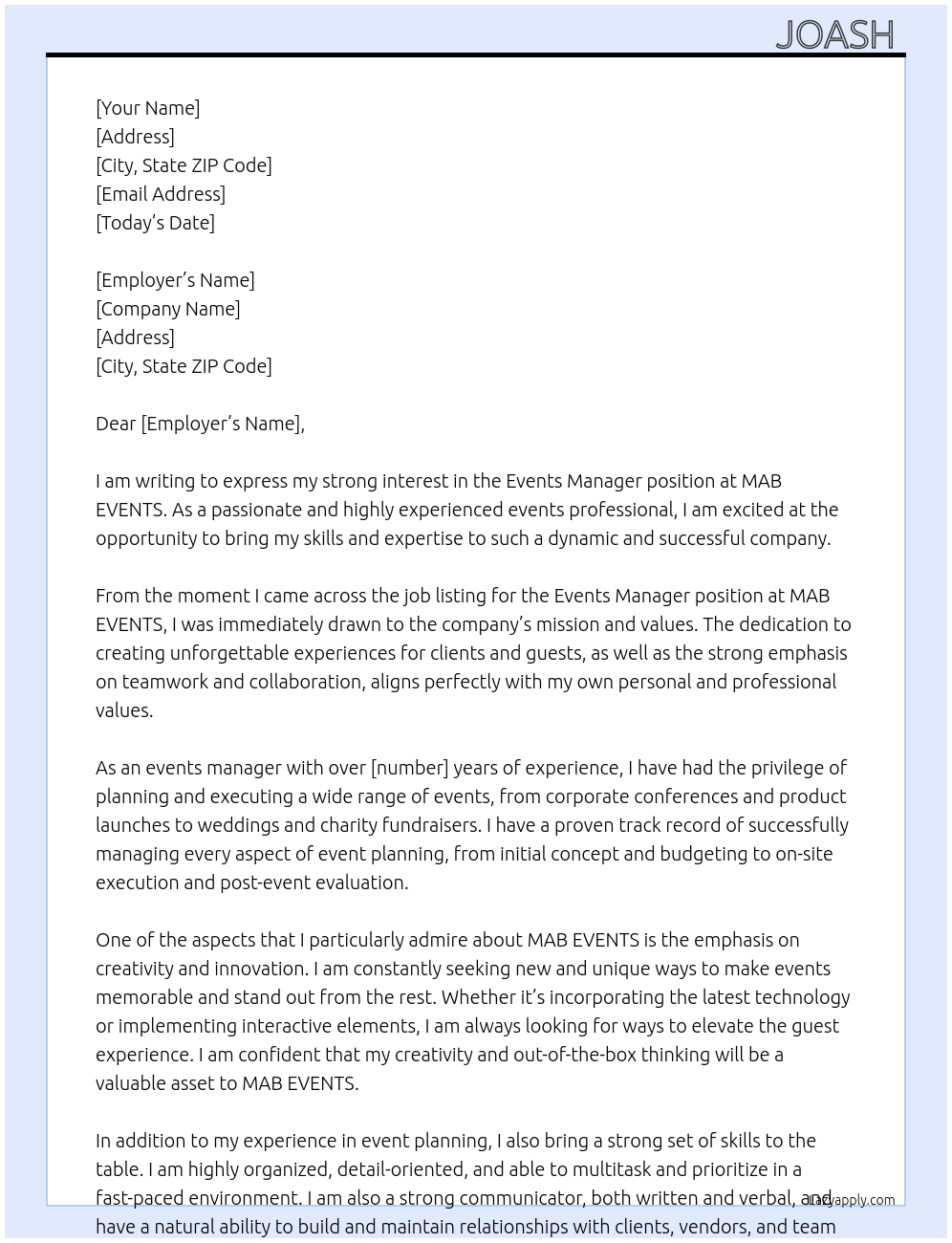 Events Manager At MAB EVENTS Cover Letter