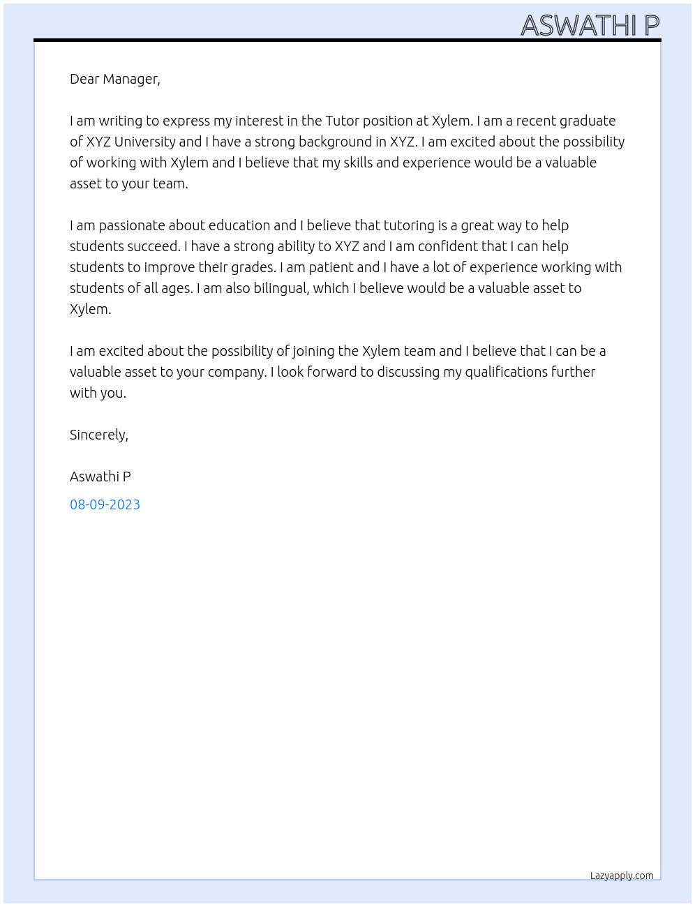 TUTOR At Xylem Cover Letter