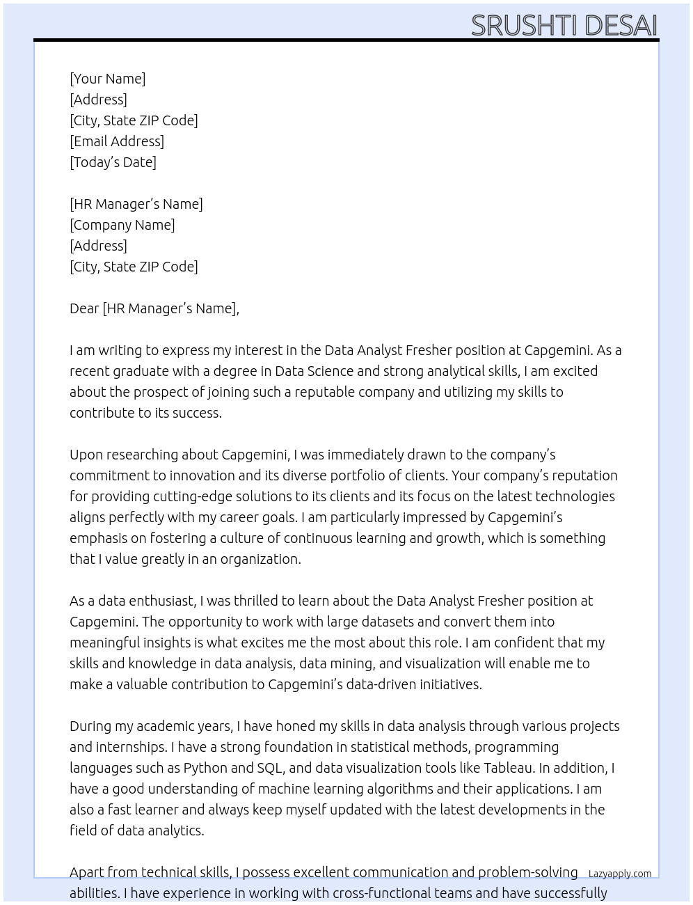data analyst fresher At Capgemini Cover Letter
