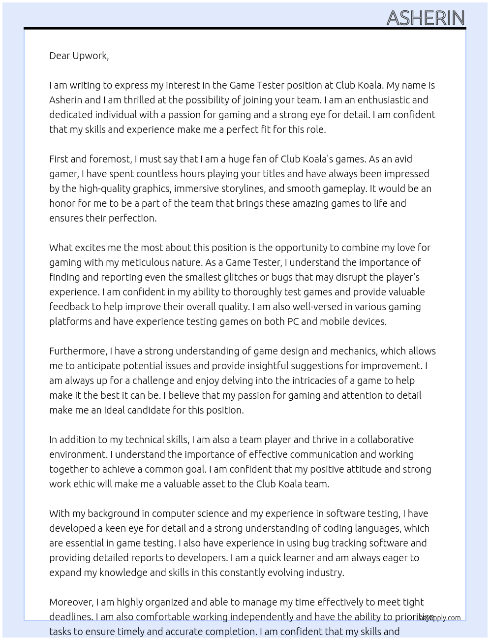 Game Tester At Club Koala Cover Letter