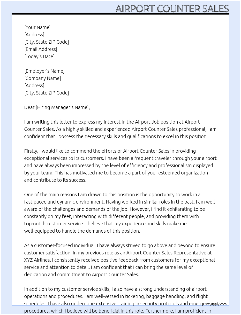 Airport job  At Airport counter sales Cover Letter