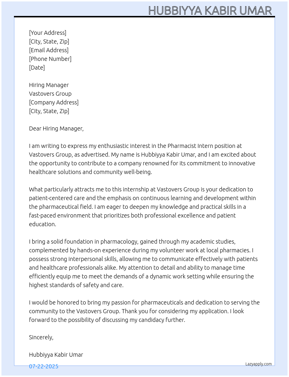 Cover letter for pharmacist intern - LazyApply