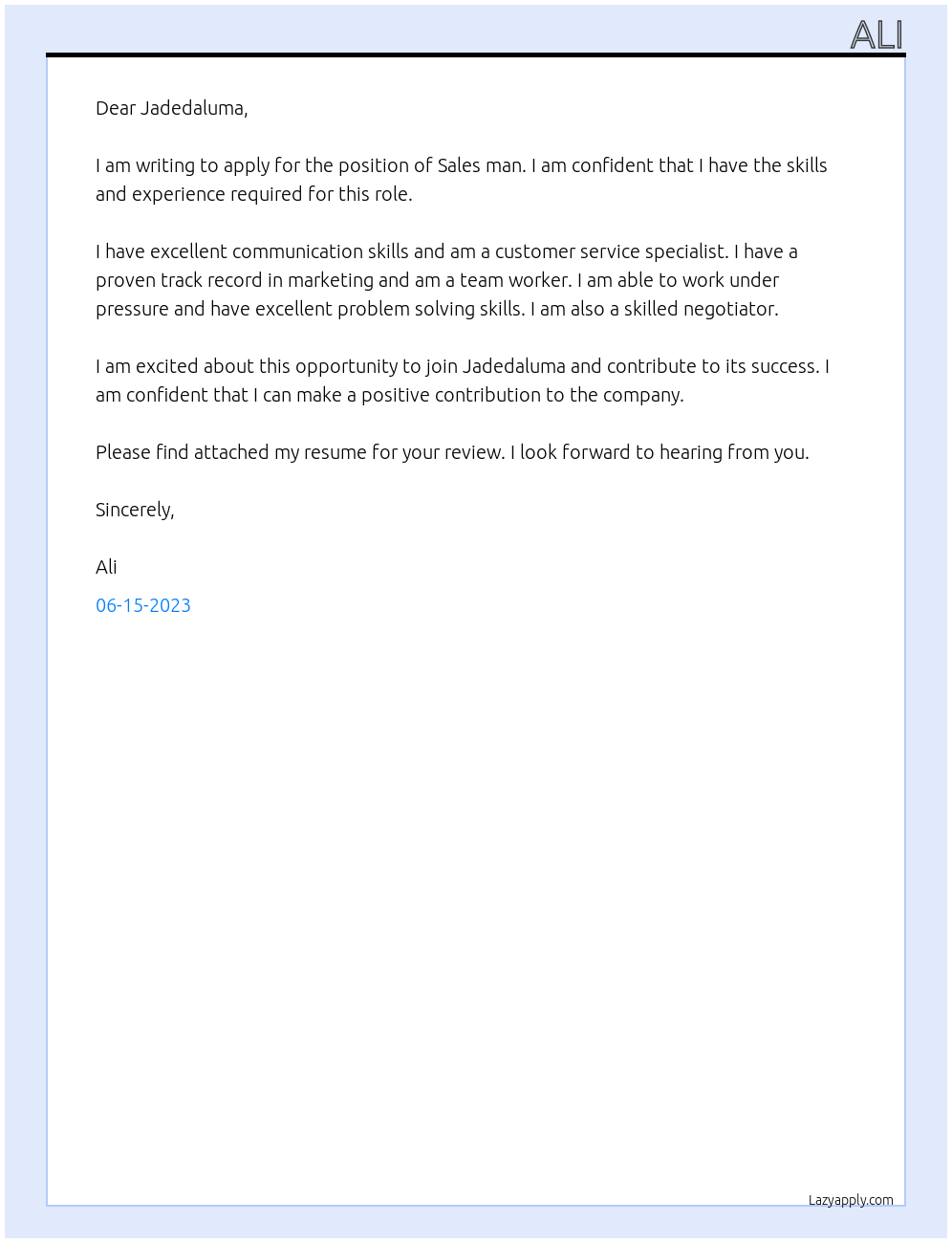 Sales man At Jadedaluma Cover Letter