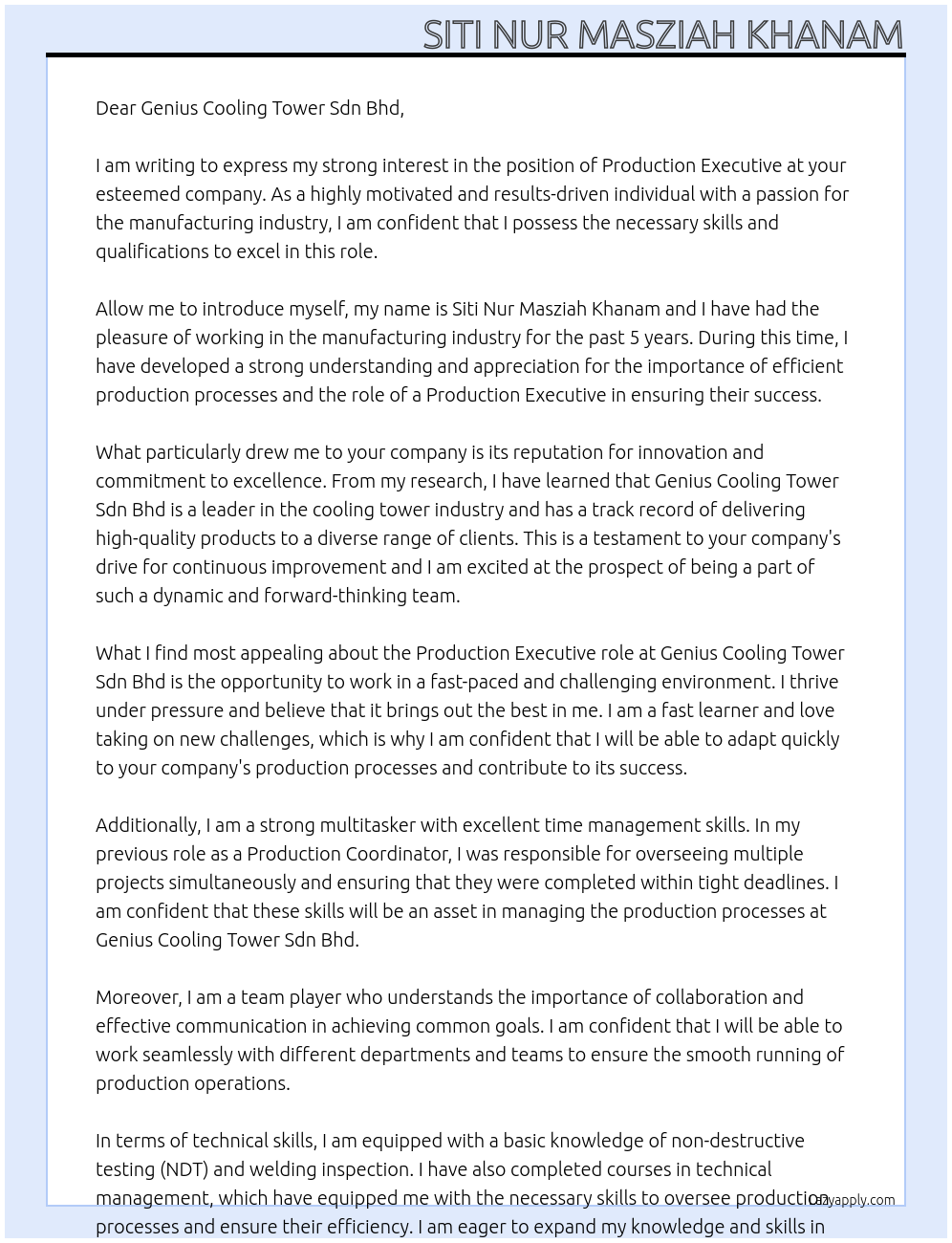 PRODUCTION EXECUTIVE At GENIUS COOLING TOWER SDN BHD Cover Letter