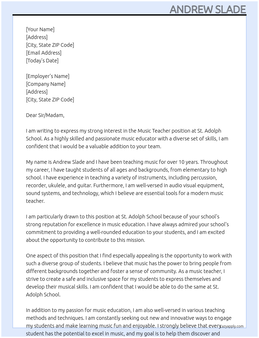 Music teacher At St. Adolph School Cover Letter