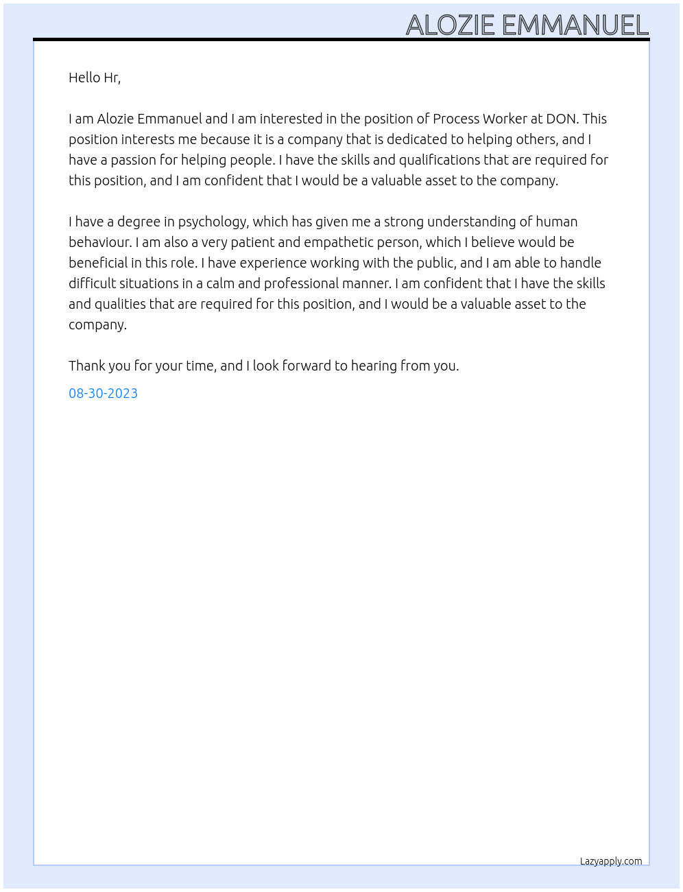 Process Worker At DON Cover Letter