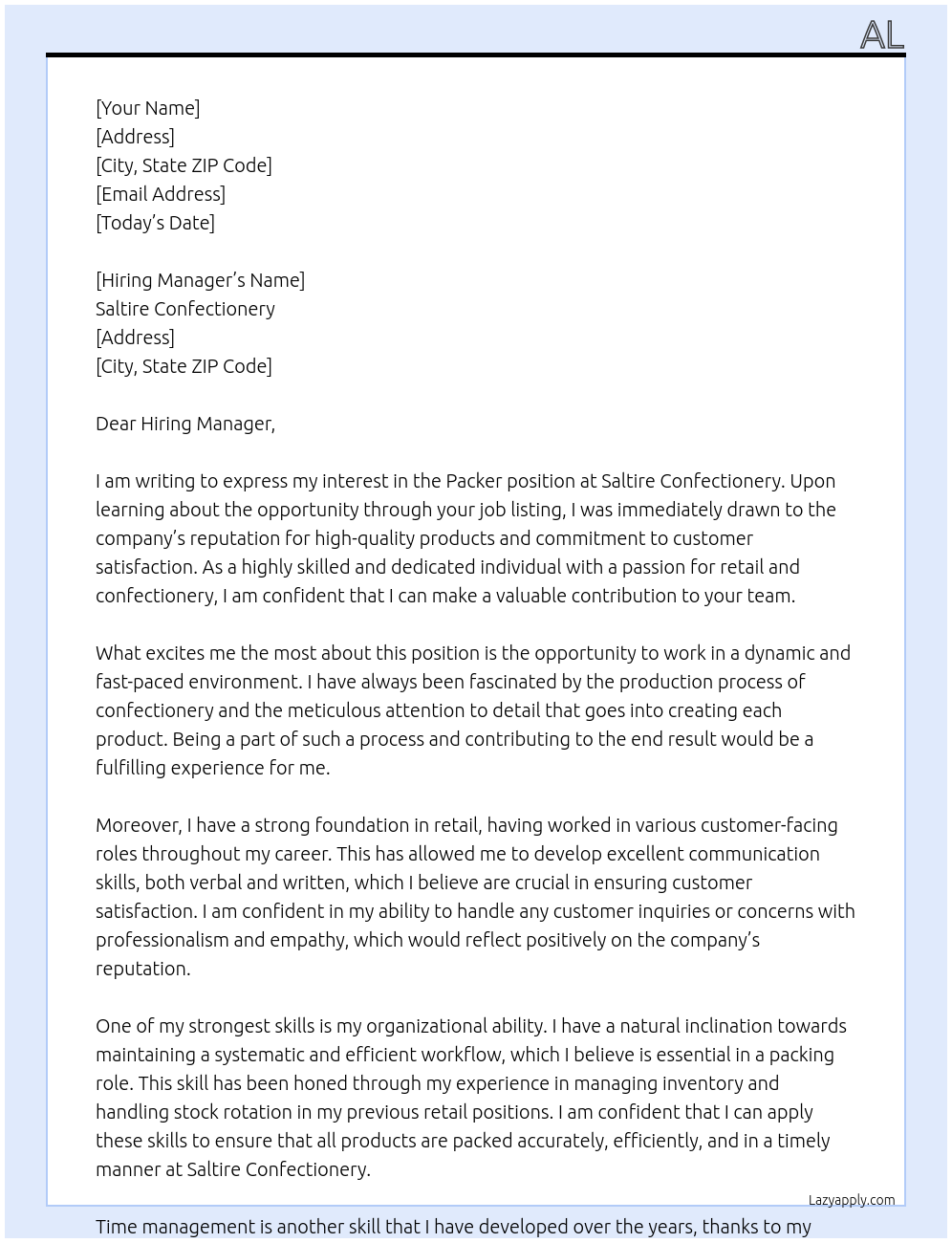 Packer At Saltire Confectionery Cover Letter