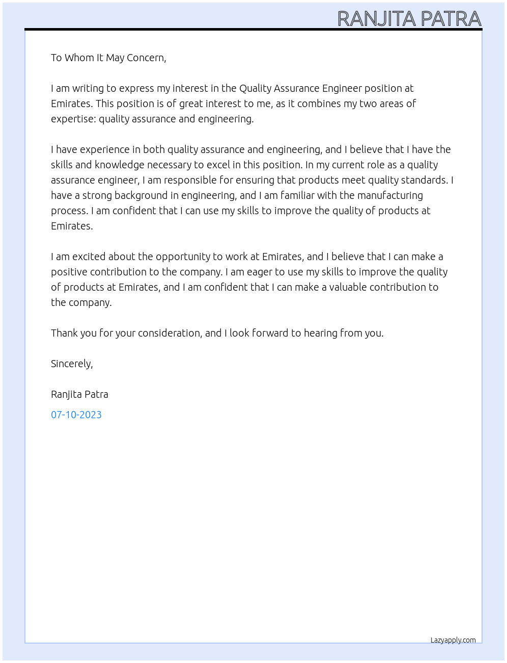 Quality Assurance Engineer At Emirates Cover Letter