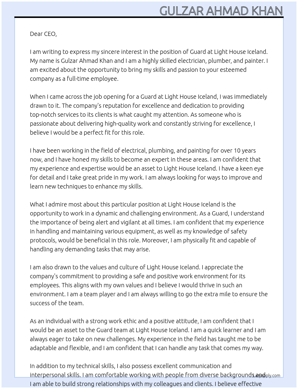 Guard At Light house iceland Cover Letter