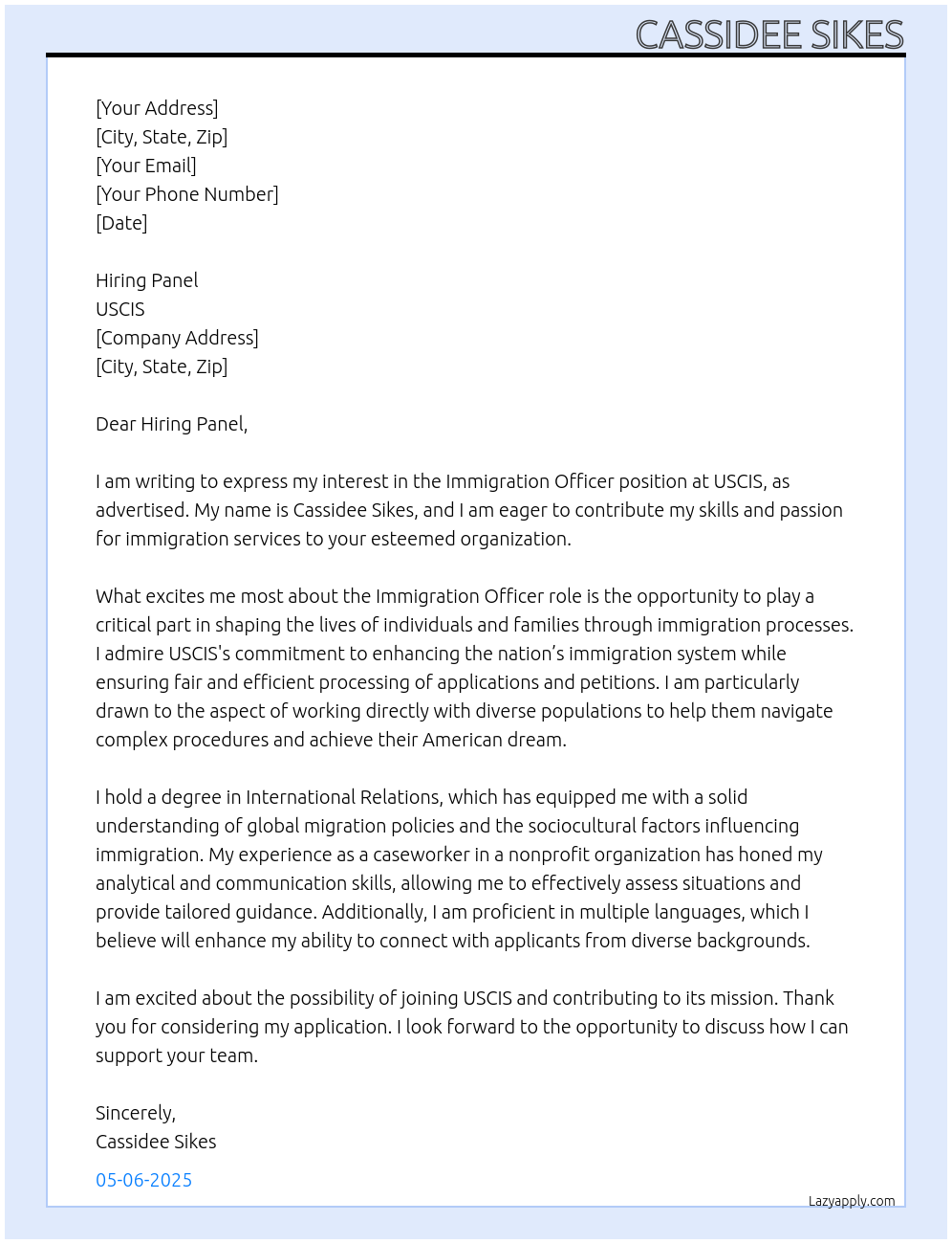 Immigration Officer At USCIS Cover Letter