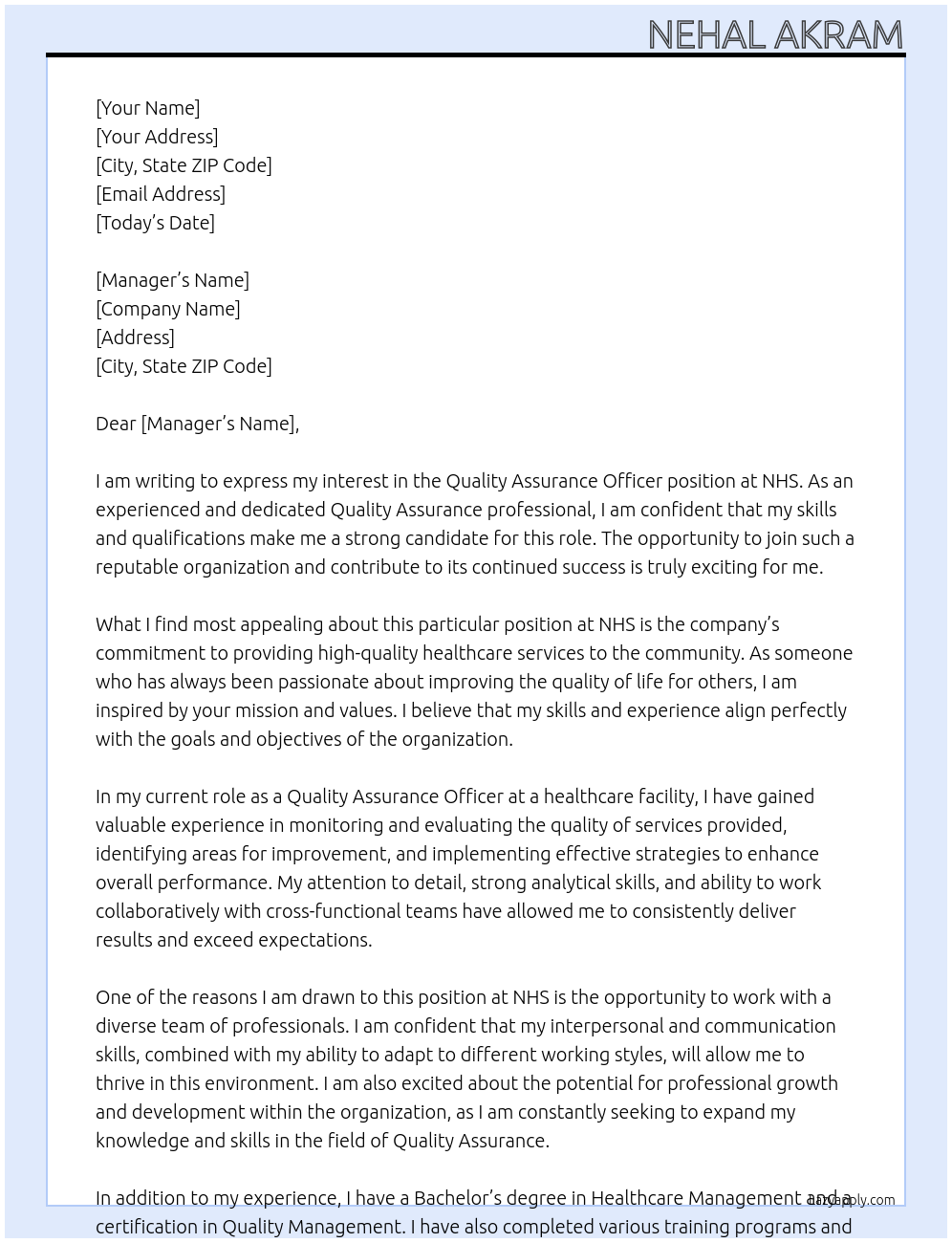 Quality Assurance Officer At NHS Cover Letter