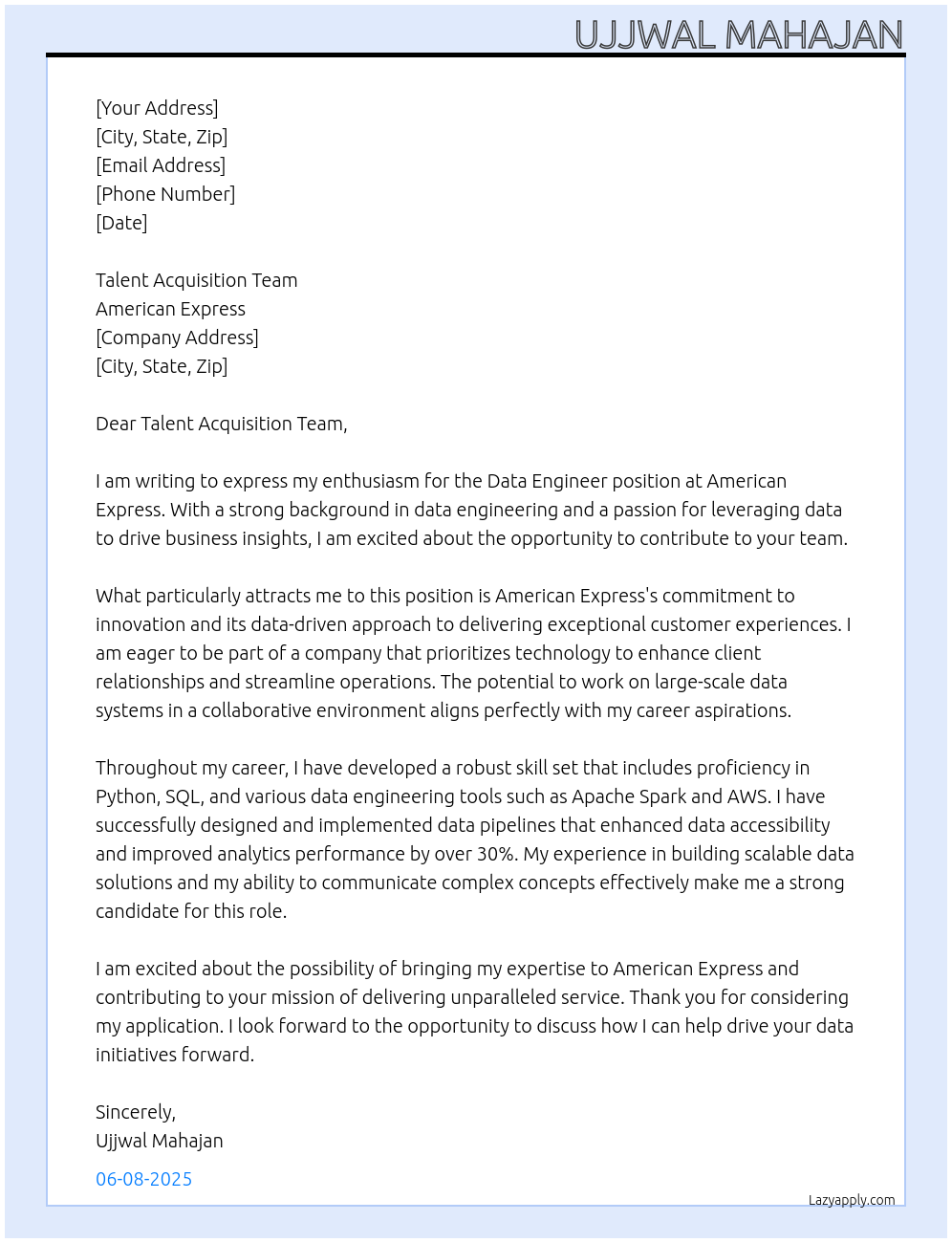 Data Engineer At American Express Cover Letter
