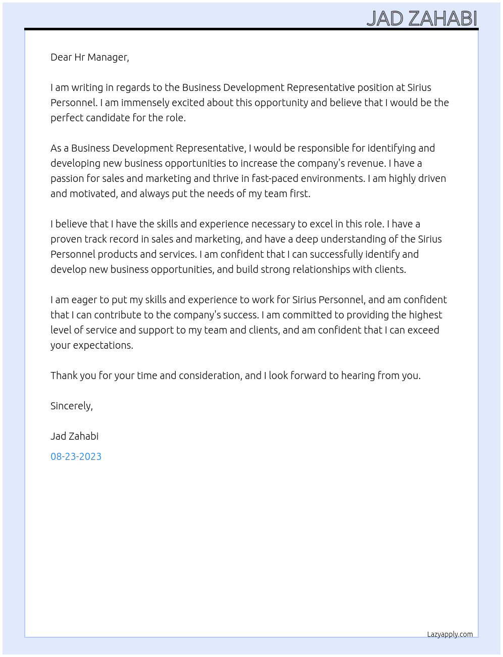 Business Development Representative At Sirius Personnel Cover Letter