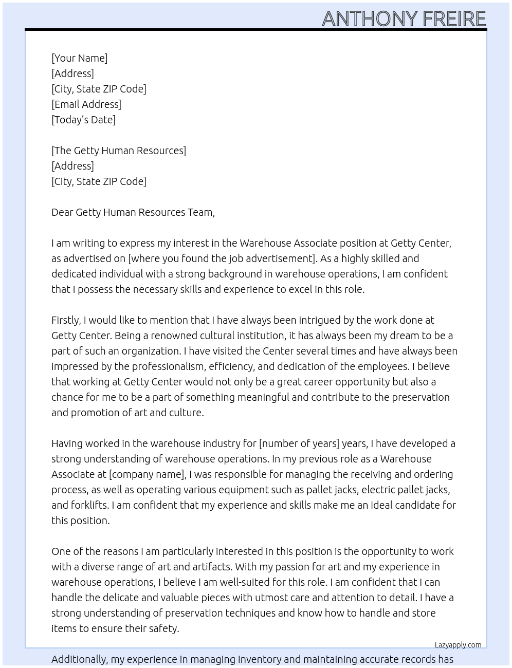 Warehouse Associate  At Getty Center Cover Letter