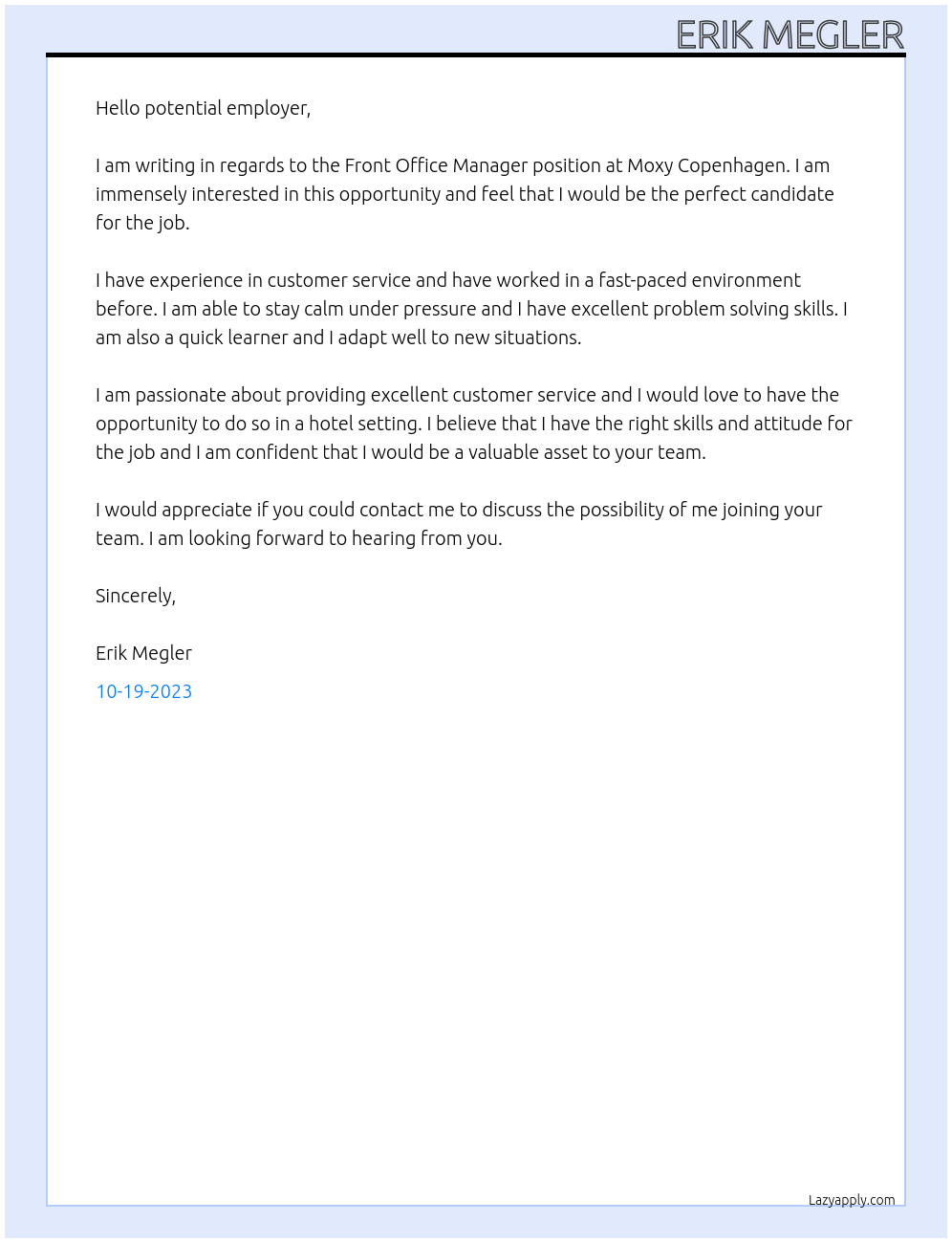 Front Office Manager At Moxy Copenhagen Cover Letter