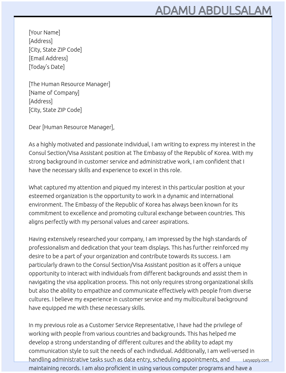 Consul section / visa assistant At The embassy of the republic of korea Cover Letter