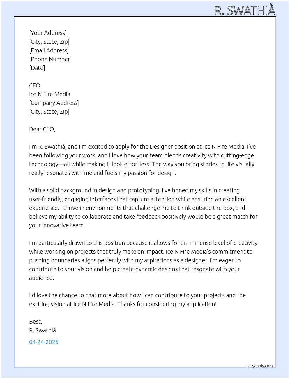 Designer At Ice N Fire Media Cover Letter