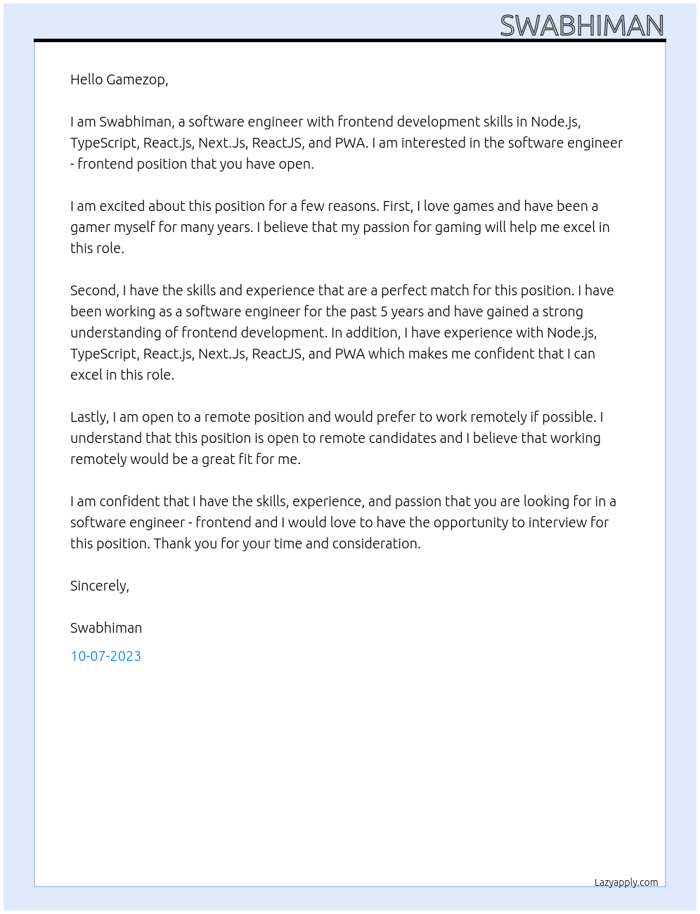 Software Engineer - Frontend At Gamezop Cover Letter