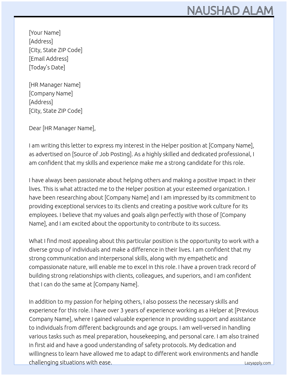 Helper At Job Application Cover Letter