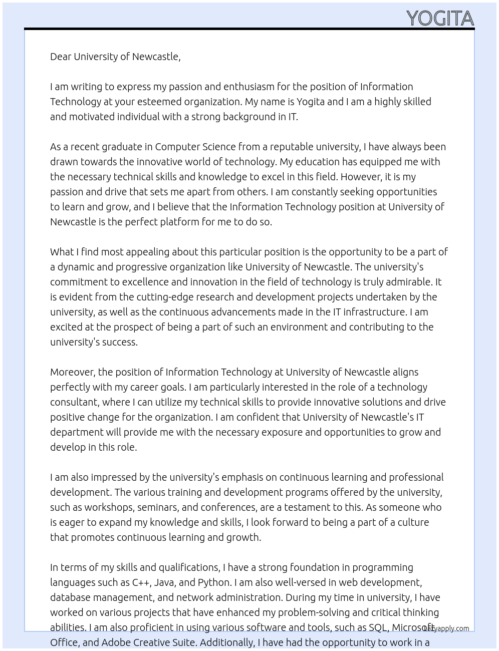 INFORMATION TECHNOLOGY At UNIVERSITY OF NEWCASTLE Cover Letter