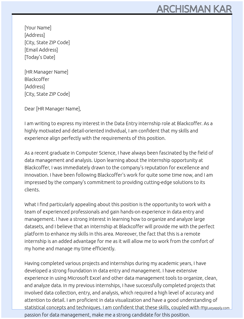 Data Entry At Blackcoffer Cover Letter