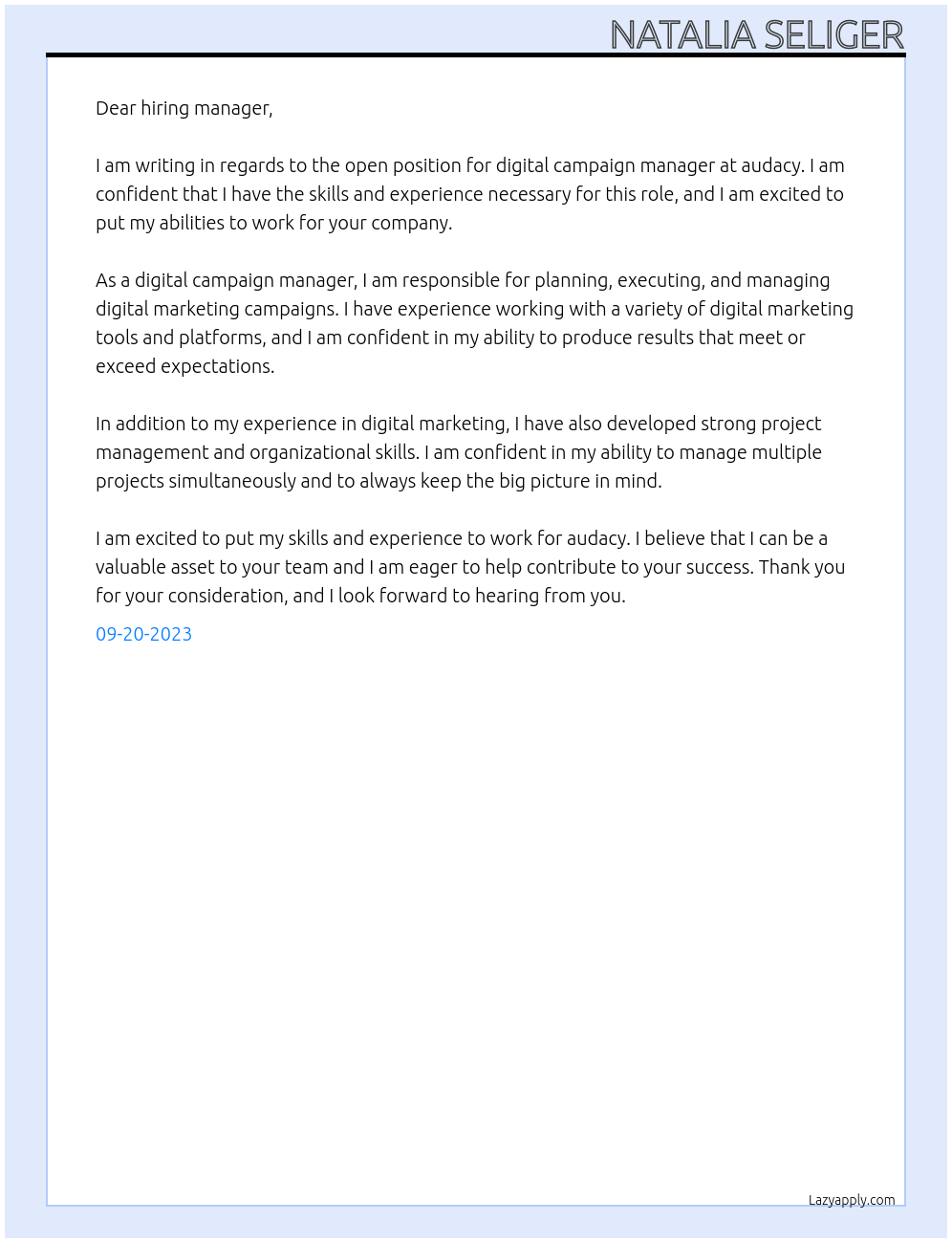 digital campaign manager At audacy Cover Letter