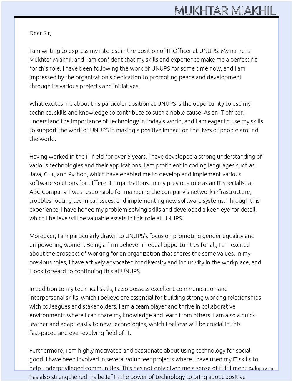 IT officer At UNUPS Cover Letter