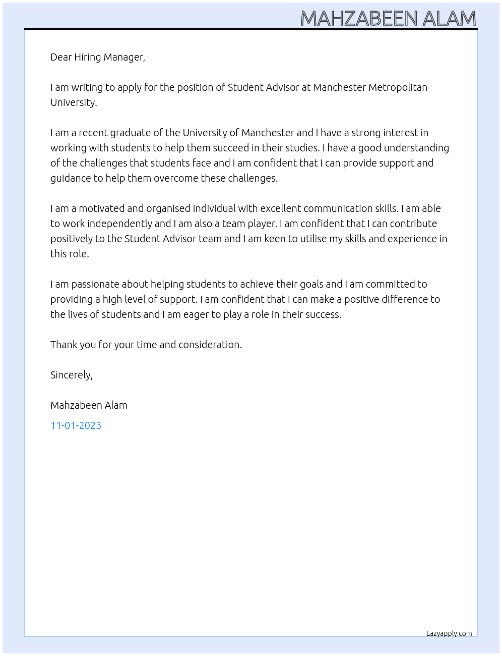 Student Advisor At jobs4student at Manchester Metropolitan University Cover Letter