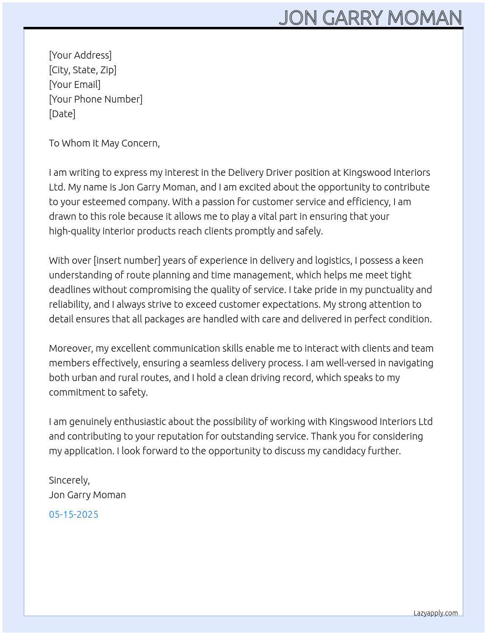 delivery Driver At Kingswood Interiors Ltd Cover Letter
