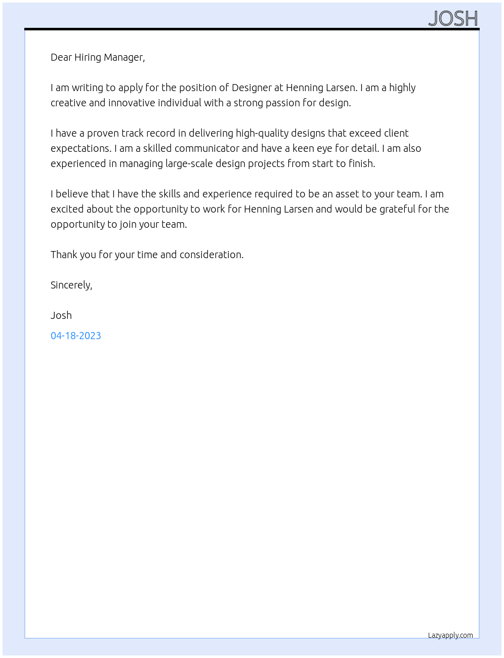 Designer At Henning Larsen Cover Letter