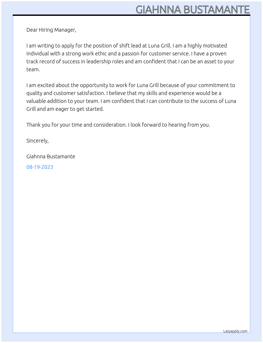 shift lead At Luna Grill Cover Letter