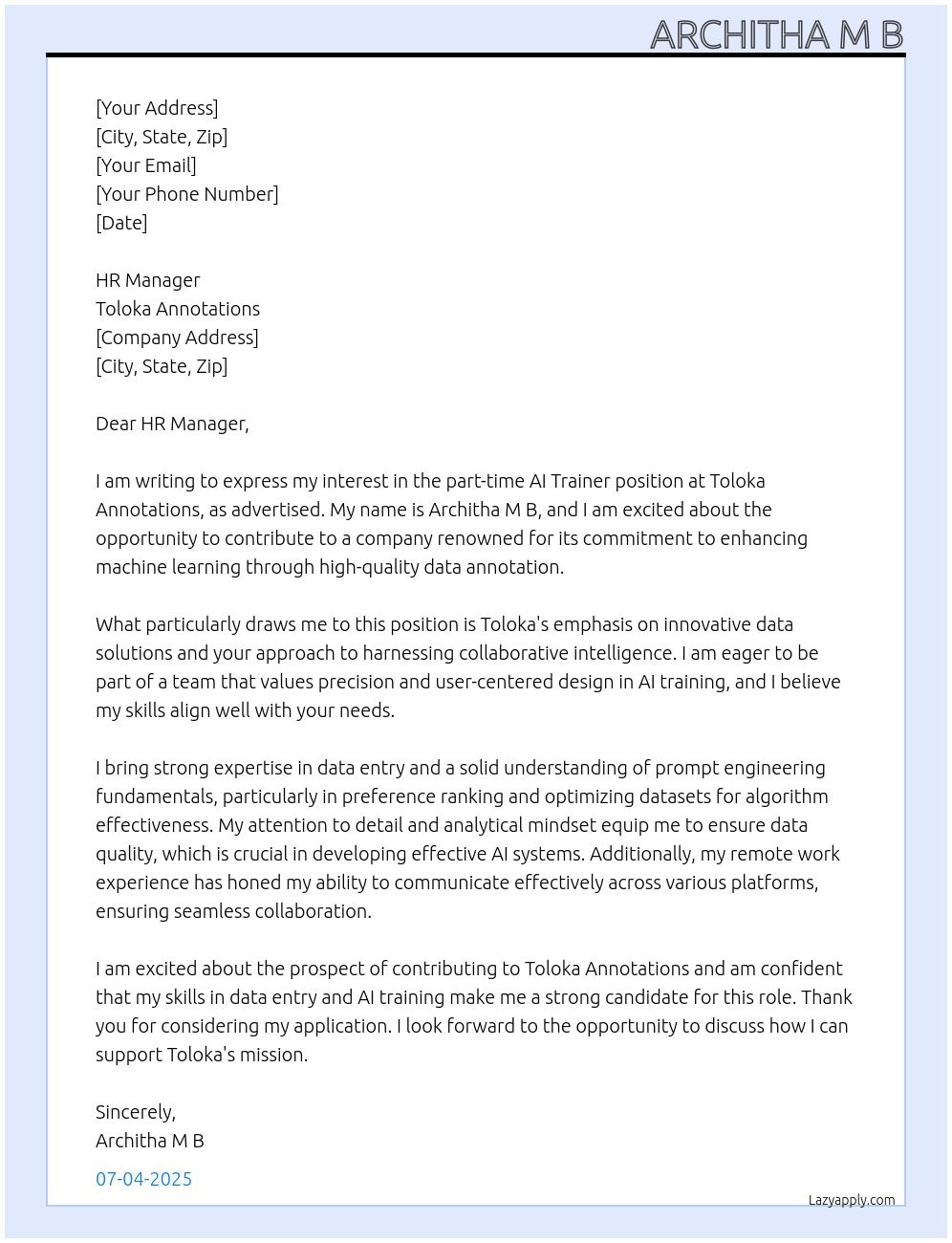 Cover letter for ai trainer - LazyApply
