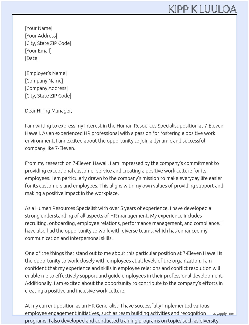Human Resources Specialist At 7-Eleven Hawaii Cover Letter