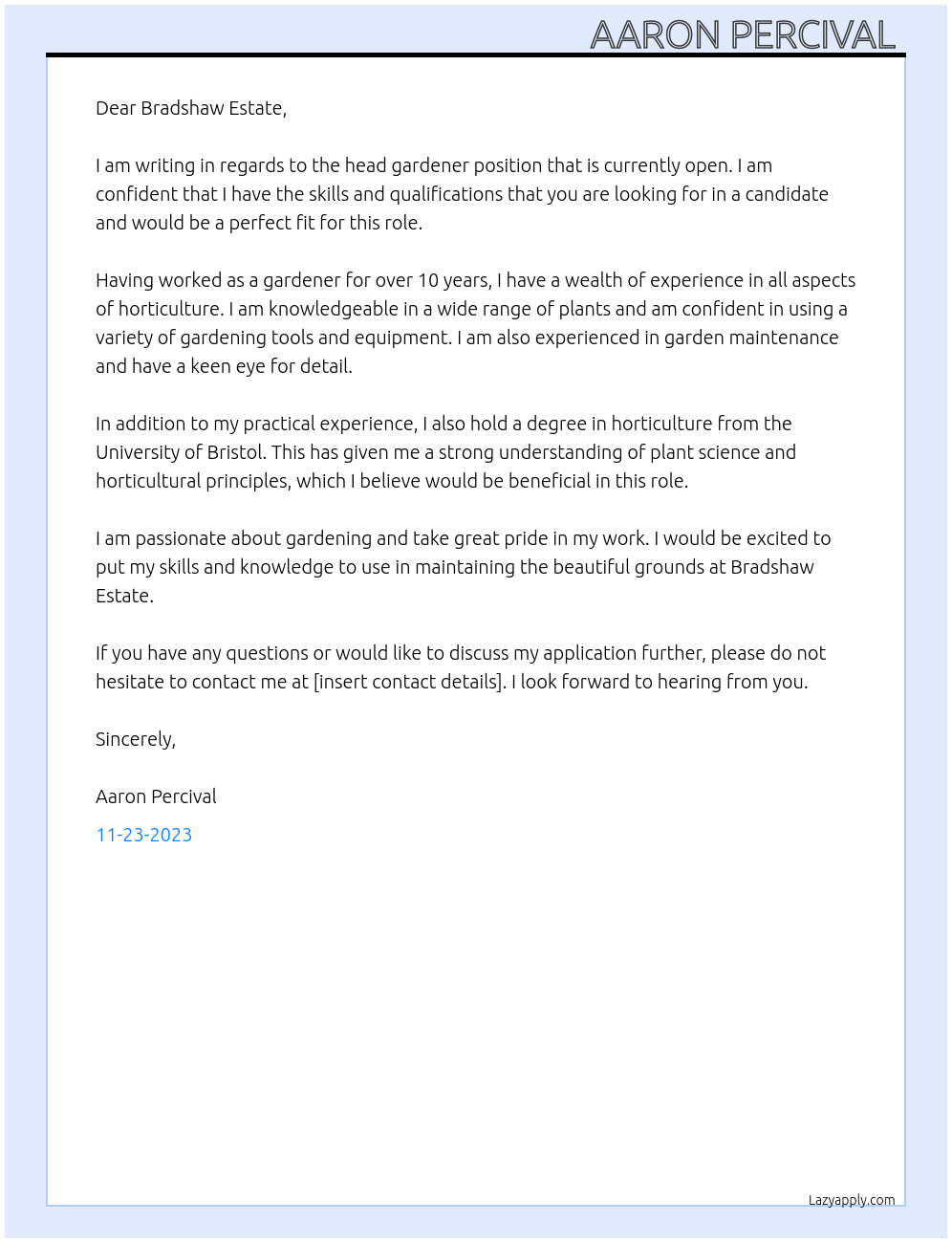 Head Gardener  At Private home in the new forest Cover Letter