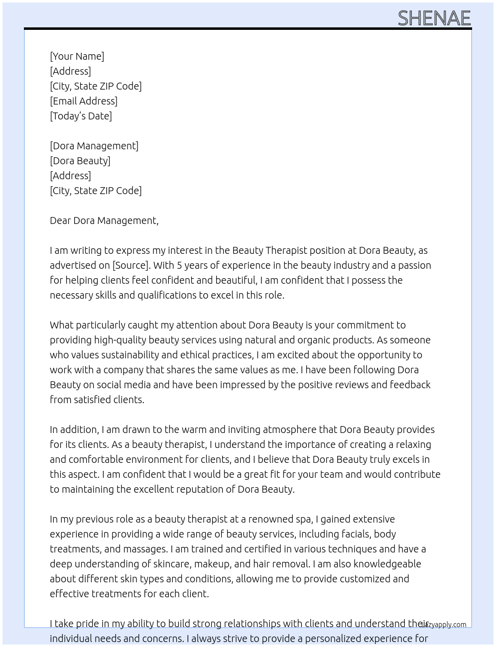 Beauty therapist At Dora beauty Cover Letter