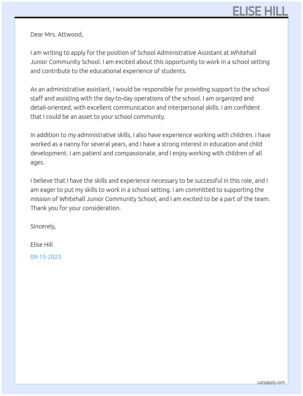 School Administrative Assistant At Whitehall Junior Community School Cover Letter