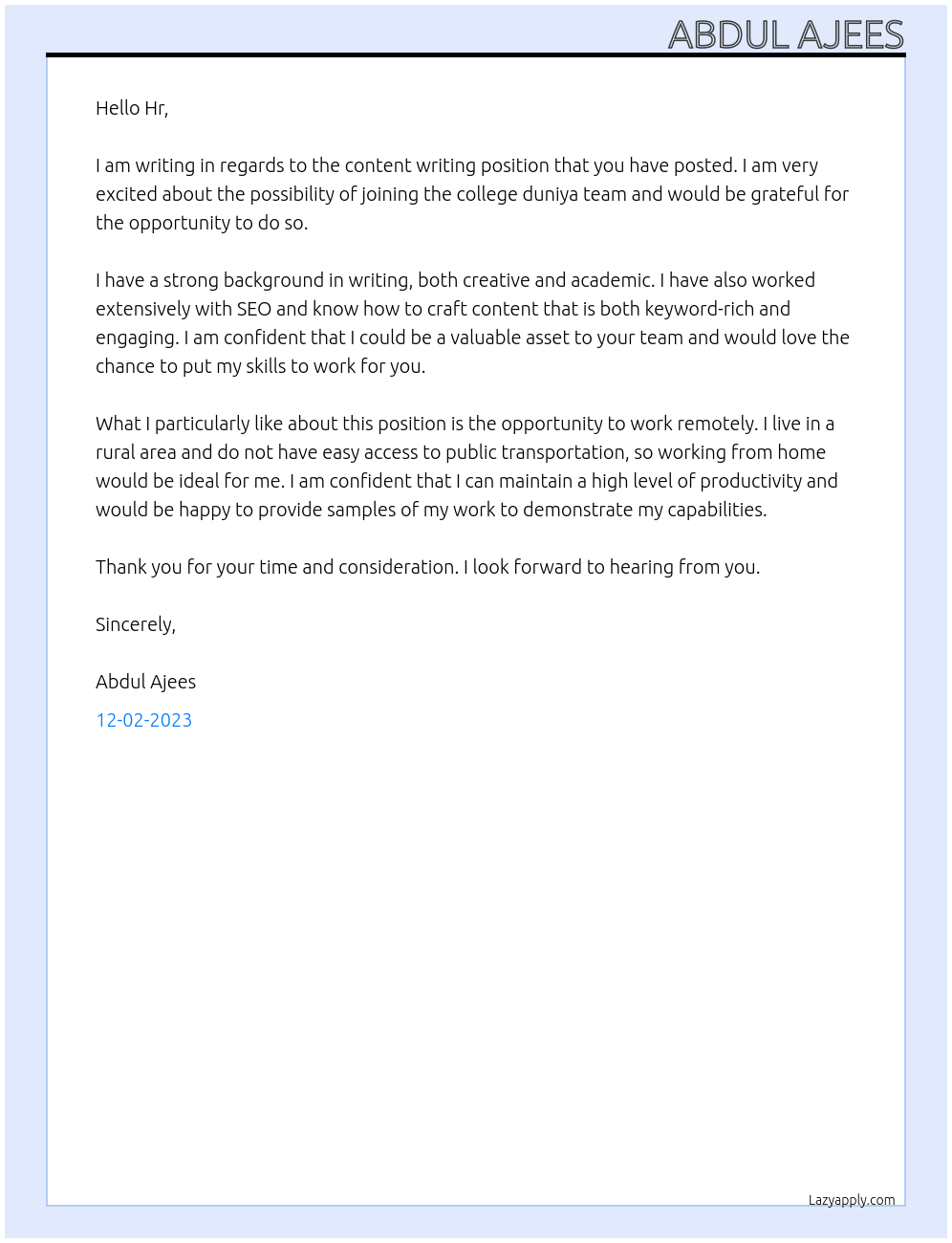 content writing At college duniya Cover Letter