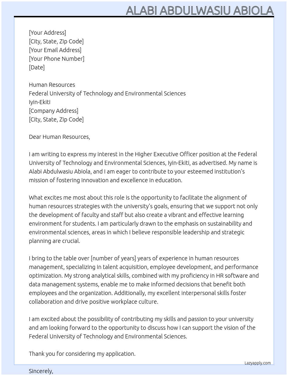 Higher Executive Officer At Federal University of Technology and Environmental Sciences, Iyin-Ekiti Cover Letter